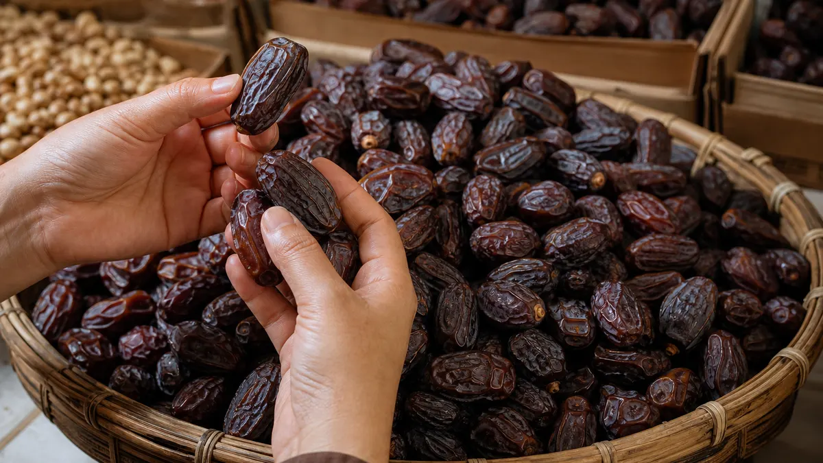 Tangan memeriksa butiran kurma di toko