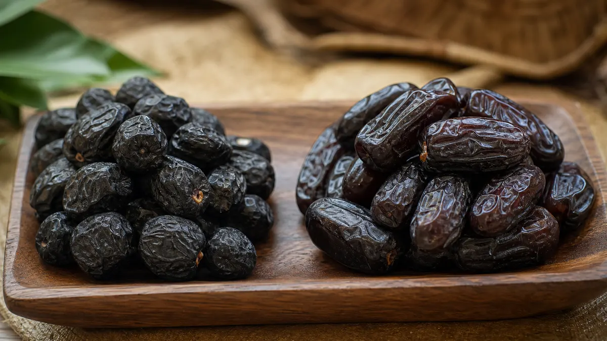 Kurma hitam berkerut halus ditata berdampingan di atas nampan untuk dibandingkan