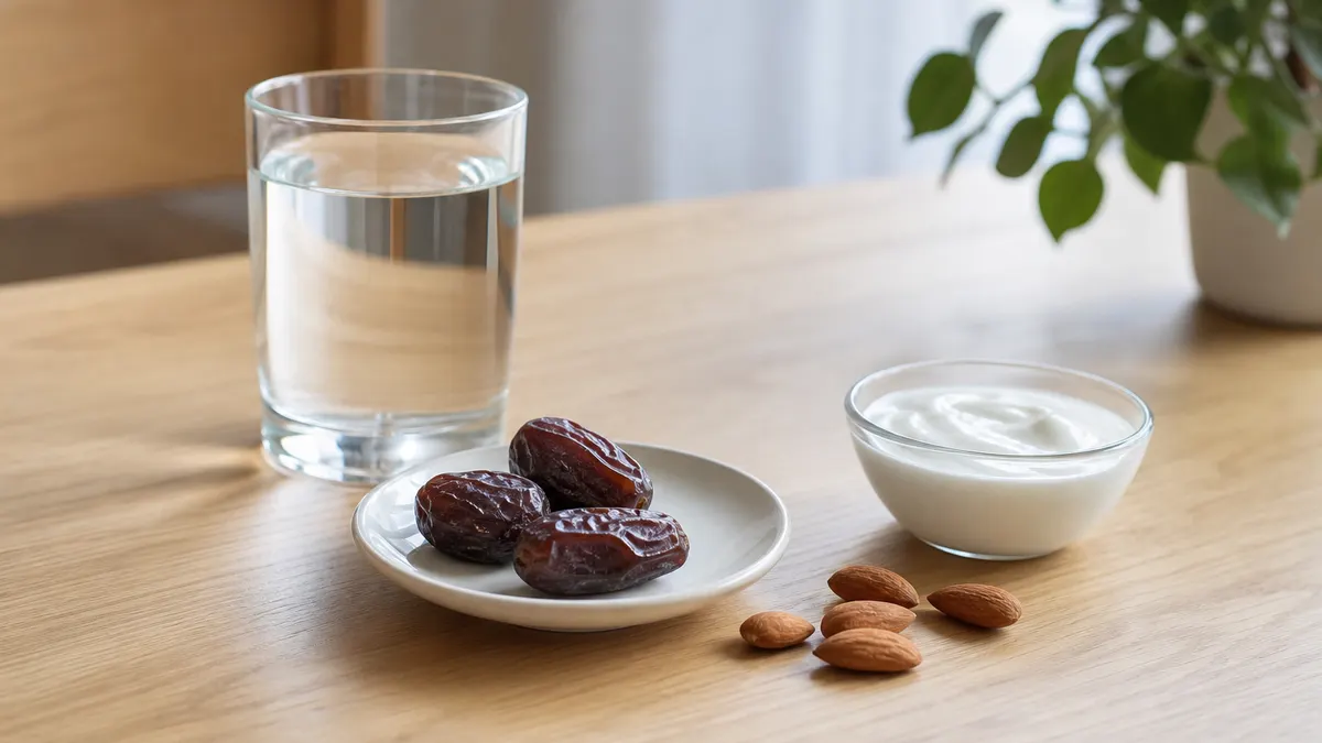 Tiga butir kurma di piring kecil bersama kacang almond dan air putih
