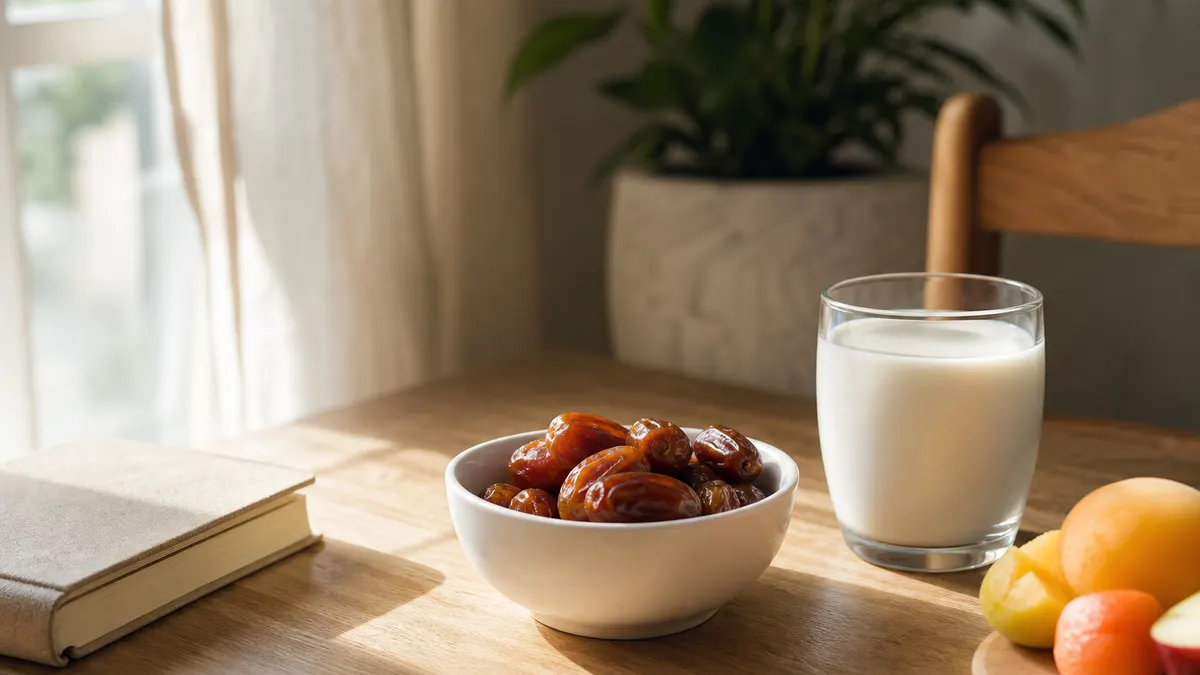 Mangkuk kurma lembut di meja kayu bersama segelas susu dan buah segar