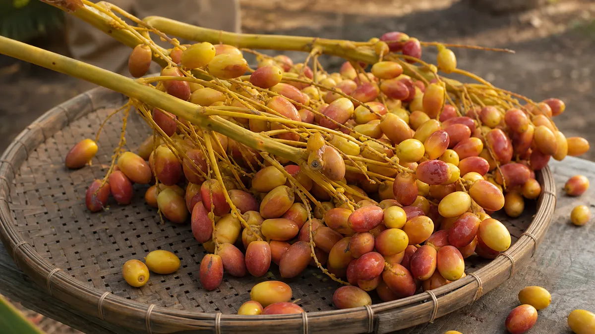 Kurma muda kuning kemerahan di tangkai