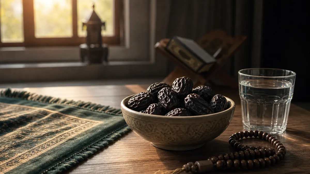 Mangkuk kurma ajwa dengan air putih dan tasbih