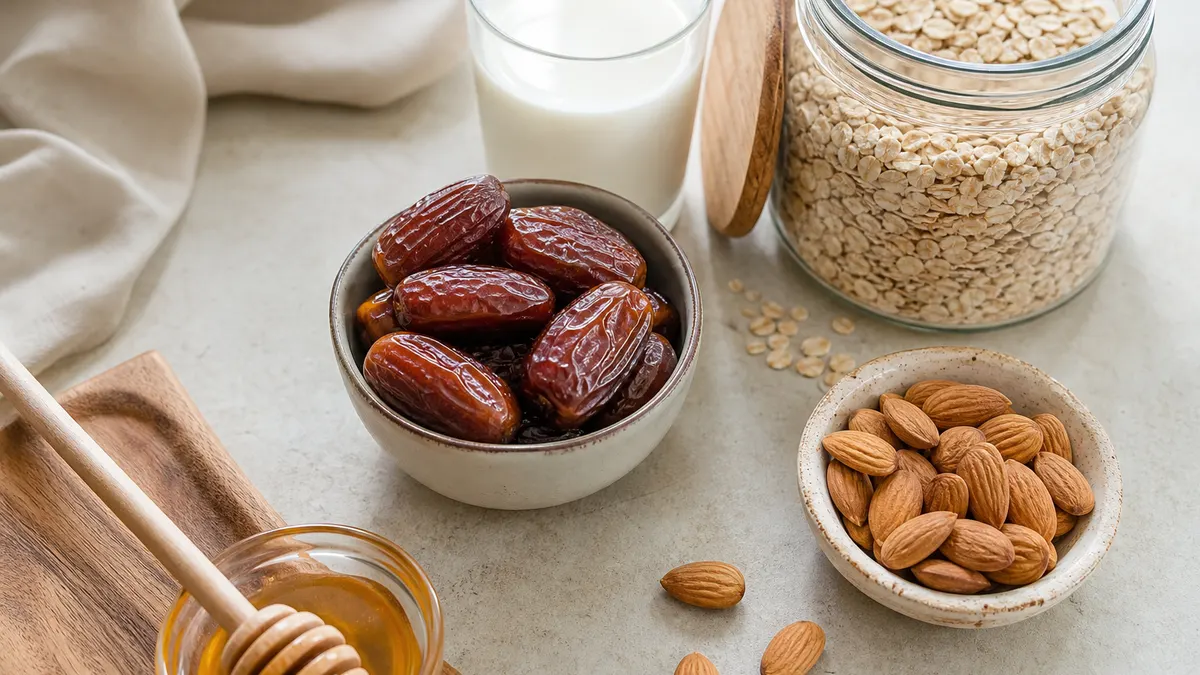 Kurma dengan susu, oat, dan kacang di meja dapur