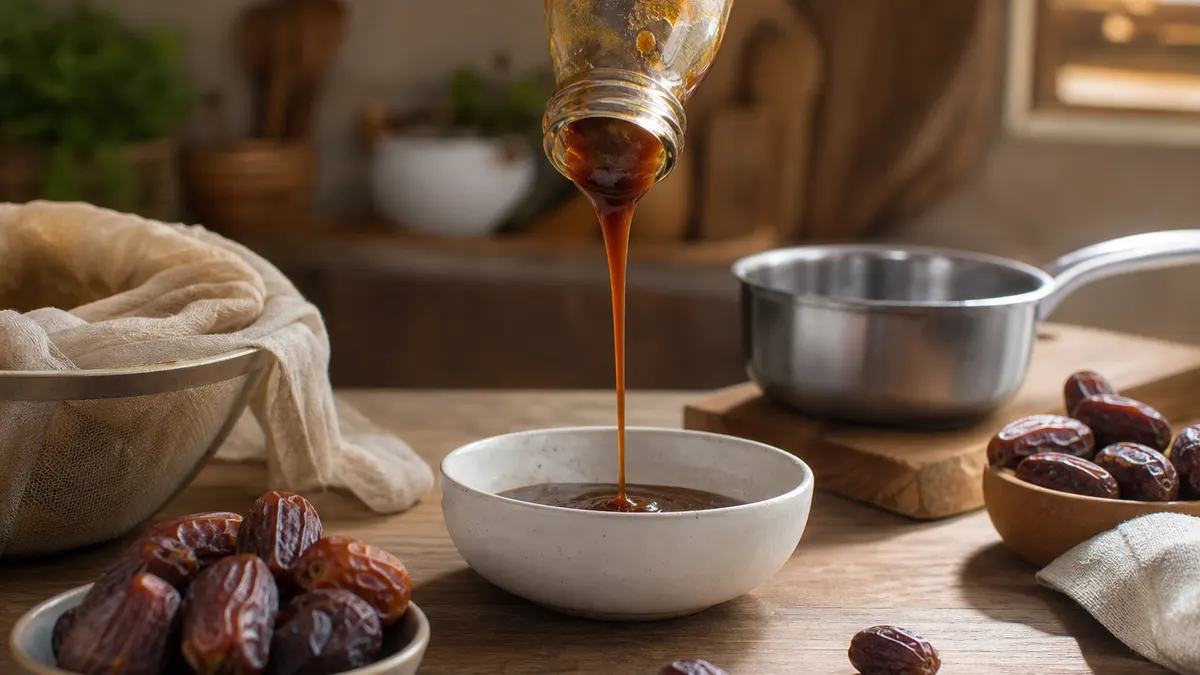 Sari kurma kental dituang dari botol kaca ke dalam mangkuk kecil di meja dapur