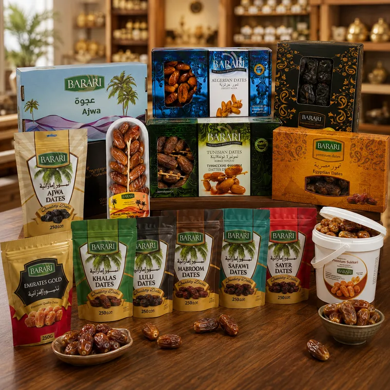 Semua kemasan produk kurma Barari tertata bersama di etalase toko