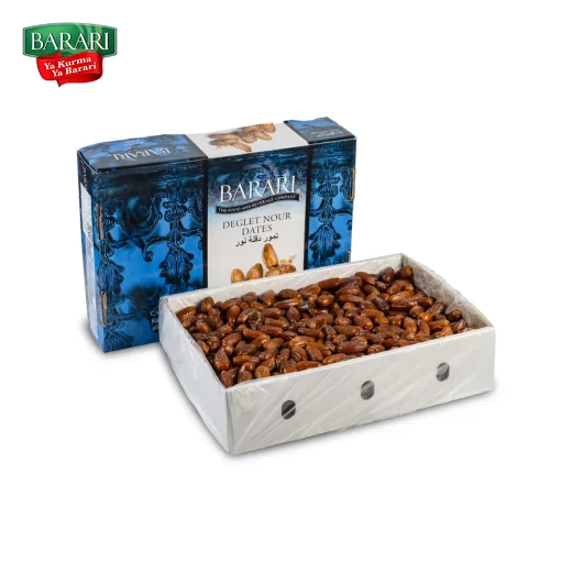 Kemasan karton Kurma Algeria Barari berisi Deglet Nour madu